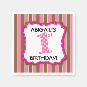 Eerste verjaardag meisje roze bruine strepen servetten