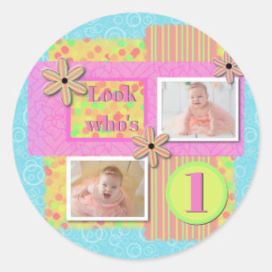 Eerste verjaardag meisje roze & gele scrapbooking ronde sticker