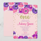 Eerste verjaardag, meisje, roze paars goud kaart (Voorkant / Achterkant)