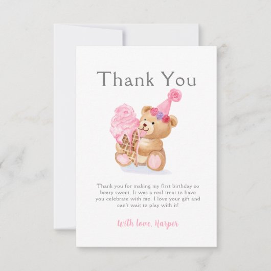Eerste Verjaardag Meisje Teddy Bear Ice Cream Bedankkaart (Voorkant)