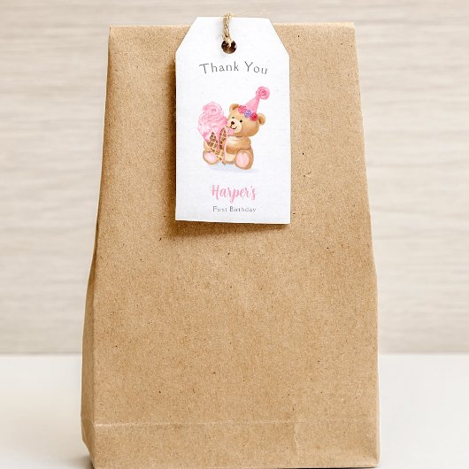 Eerste Verjaardag Meisje Teddy Bear Ice Cream Cadeaulabel