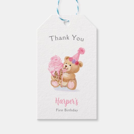 Eerste Verjaardag Meisje Teddy Bear Ice Cream Cadeaulabel (Voorkant)