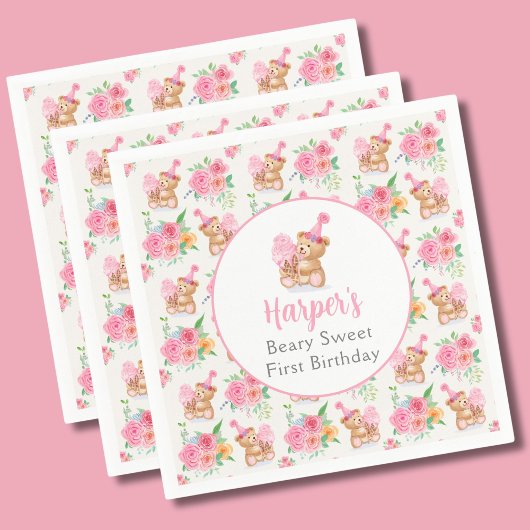 Eerste Verjaardag Meisje Teddy Bear Ice Cream Patt Servet