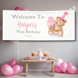 Eerste Verjaardag Meisje Teddy Bear Ice Cream Spandoek