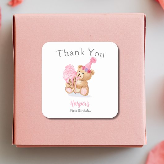 Eerste Verjaardag Meisje Teddy Bear Ice Cream Vierkante Sticker
