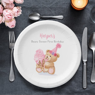 Eerste verjaardag meisje teddybeer ijs papieren bordje