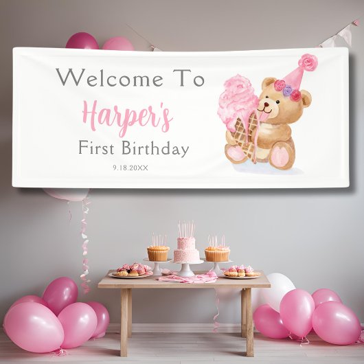 Eerste verjaardag meisje teddybeer ijs spandoek