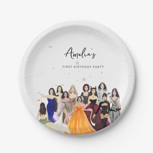 Eerste verjaardag, meisje verjaardag, dierenriem papieren bordje (Voorkant)