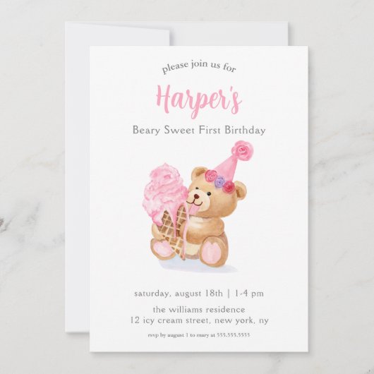 Eerste Verjaardag Meisjes Teddy Bear Ice Cream Kaart (Voorkant)