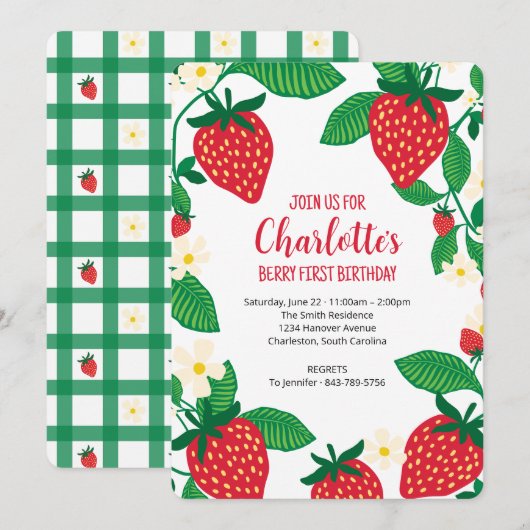 Eerste verjaardag met grillige aardbeien kaart (Voorkant / Achterkant)