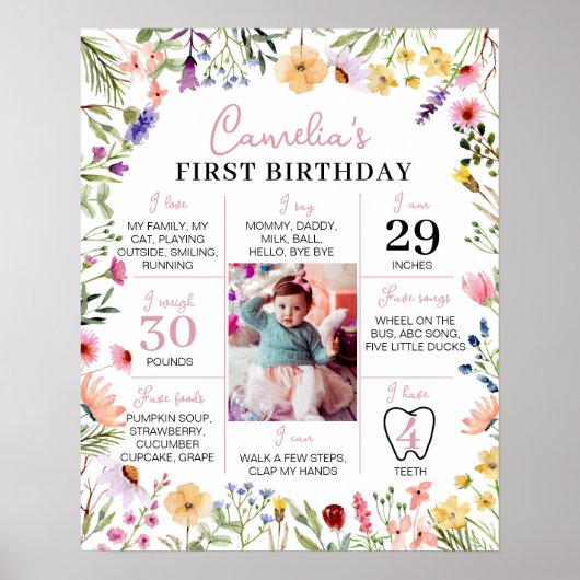 Eerste verjaardag mijlpaal bord Wildflower Poster (Voorkant)