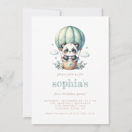 Eerste Verjaardag Mint Groene Waterverf Panda Ball Kaart (Voorkant)