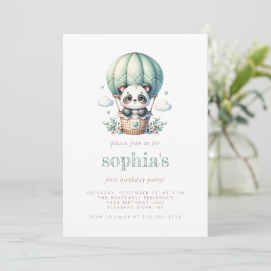 Eerste Verjaardag Mint Groene Waterverf Panda Ball Kaart (Staand voorkant)