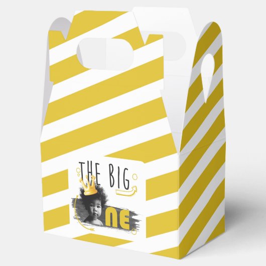 Eerste verjaardag moderne foto zwart wit geel bedankdoosjes (Geopend)