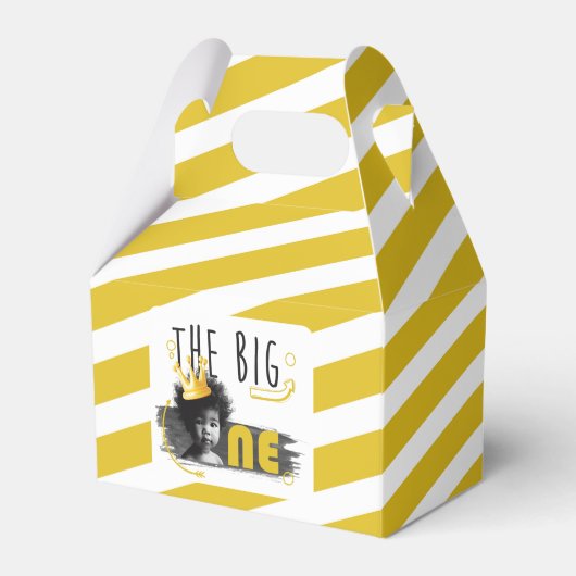 Eerste verjaardag moderne foto zwart wit geel bedankdoosjes (Voorkant Zijde)