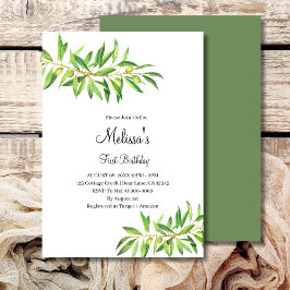 Eerste verjaardag moderne olijftak salie groen kaart