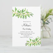 Eerste verjaardag moderne olijftak salie groen kaart (Staand voorkant)