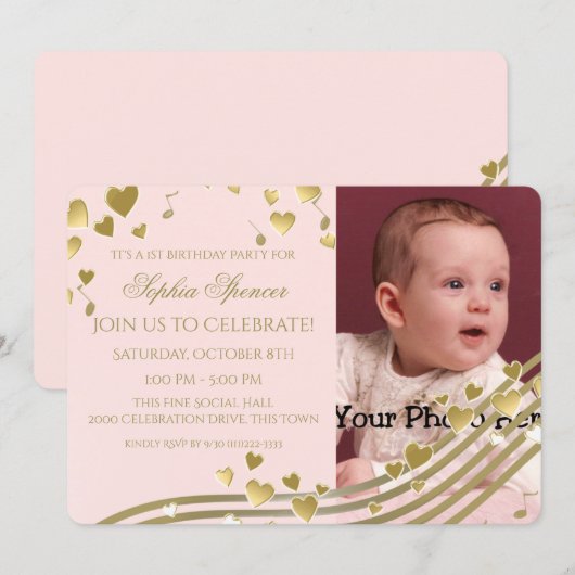 Eerste verjaardag muziek en harten kaart (Voorkant / Achterkant)