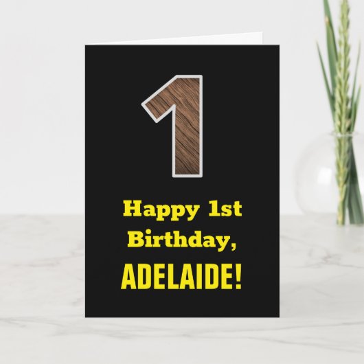 Eerste verjaardag: Naam, Faux Wood Grain Pattern " Kaart (Voorkant)