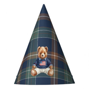 Eerste verjaardag Navy Plaid Teddy Beer Verjaardag Feesthoedjes