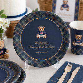Eerste verjaardag Navy Plaid Teddybeer Jongen Papieren Bordje