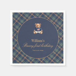 Eerste verjaardag Navy Plaid Teddybeer Jongen Servet