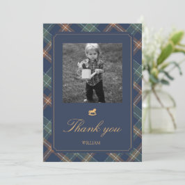 Eerste verjaardag Navy Plaid Teddybeer verjaardag Bedankkaart