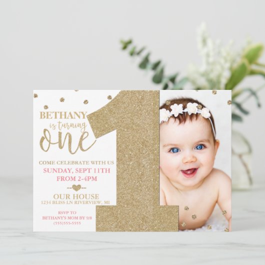 Eerste verjaardag Nep gouden glitters & Roze uitno Kaart (Staand voorkant)