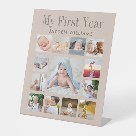 Eerste verjaardag Neutrale Baby Foto collage Reclamebord Met Voetstuk (Voorkant)