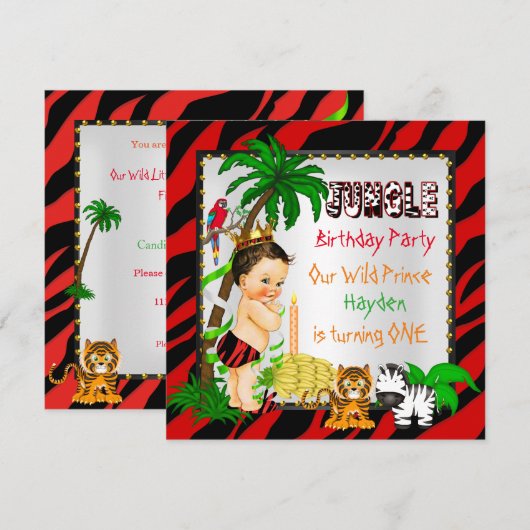 Eerste verjaardag Oerwoud Safari Wild Prince Brune Kaart (Voorkant / Achterkant)
