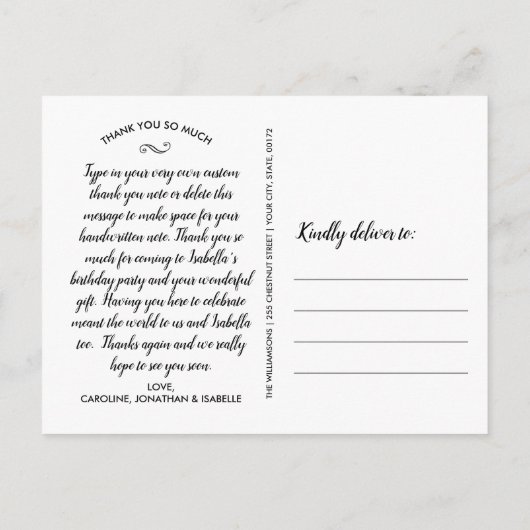 Eerste verjaardag, of om het even welk Jaar, Dank  Briefkaart (Achterkant)