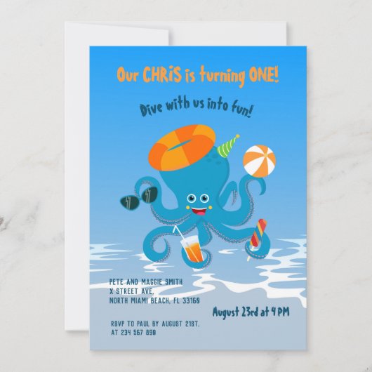 eerste verjaardag onder de zee octopus boy party kaart (Voorkant)