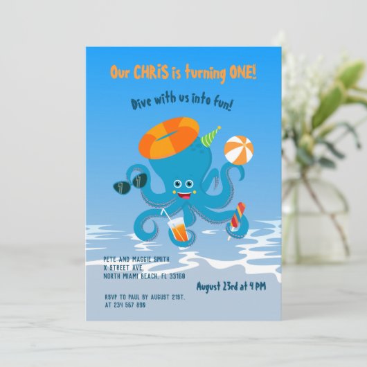 eerste verjaardag onder de zee octopus boy party kaart (Staand voorkant)