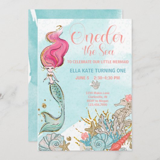 Eerste verjaardag ONEder Zee Zeemeermin Birthday Kaart (Voorkant / Achterkant)