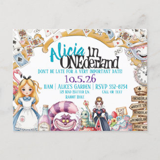 Eerste verjaardag ONEderland Wonderland Theme Invi Aankondigingskaart