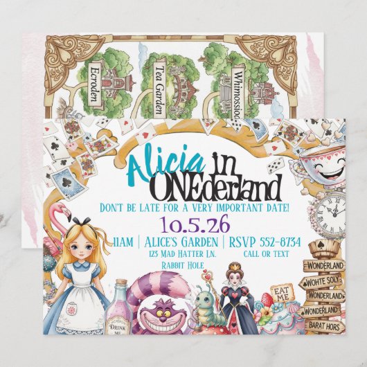 Eerste verjaardag ONEderland Wonderland Theme Invi Kaart (Voorkant / Achterkant)