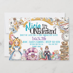Eerste verjaardag ONEderland Wonderland Theme Invi Kaart