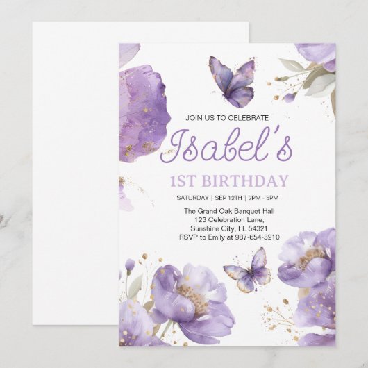Eerste verjaardag, Paarse en gouden bloem Butterfl Kaart (Voorkant / Achterkant)