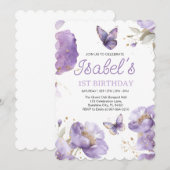 Eerste verjaardag, Paarse en gouden bloem Butterfl Kaart (Voorkant / Achterkant)