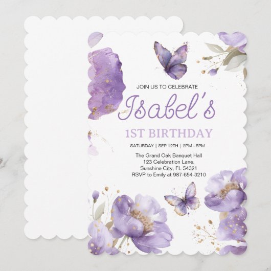 Eerste verjaardag, Paarse en gouden bloem Butterfl Kaart (Voorkant / Achterkant)