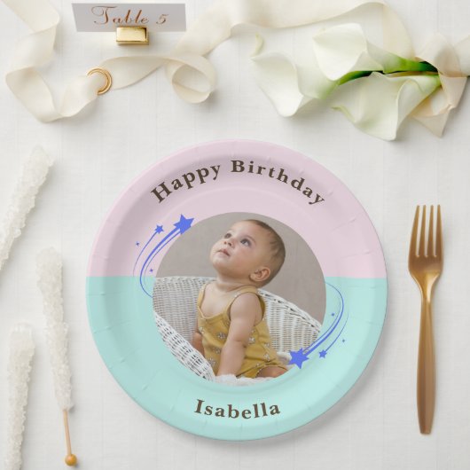 Eerste Verjaardag Pink Green Shooting Star Papieren Bordje (Huwelijk)