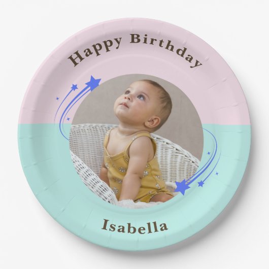 Eerste Verjaardag Pink Green Shooting Star Papieren Bordje (Voorkant)