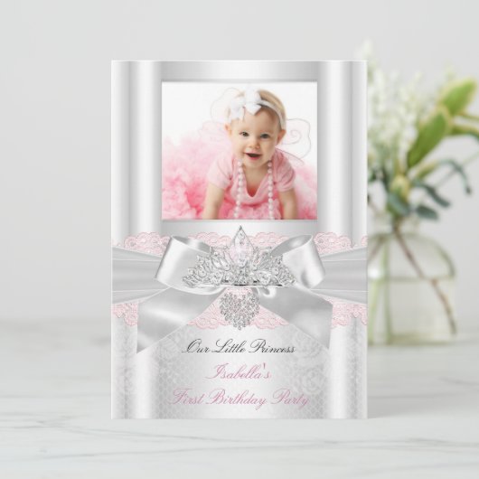 Eerste verjaardag Pink White Lace Diamond Tiara 2 Kaart (Staand voorkant)