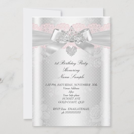 Eerste verjaardag Pink White Lace Diamond Tiara 2 Kaart (Achterkant)