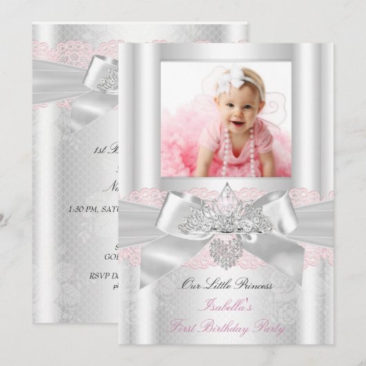 Eerste verjaardag Pink White Lace Diamond Tiara 2 Kaart (Voorkant / Achterkant)