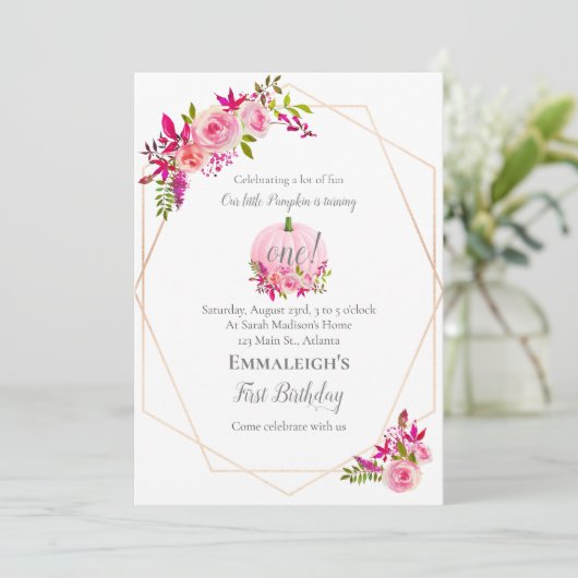 Eerste Verjaardag Pompoen Bloemen Geometrisch | Ro Kaart (Staand voorkant)