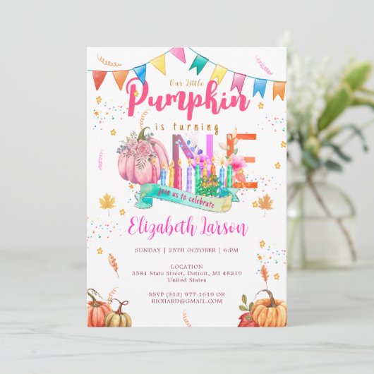 Eerste Verjaardag Pompoen Herfst Herfst Waterverf Kaart (Staand voorkant)