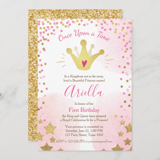 Eerste verjaardag Princess Gold Pink Crown Kaart (Voorkant / Achterkant)
