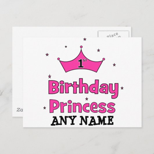 Eerste verjaardag prinses met roze kroon briefkaart (Voorkant / Achterkant)