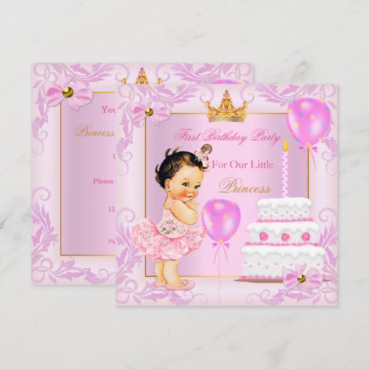 Eerste verjaardag prinses Tiara Girl Pink Brunette Kaart (Voorkant / Achterkant)